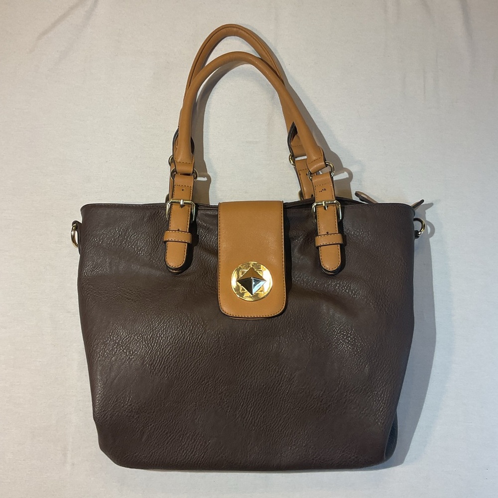 Black Rivet Chocolate Brown Leather Handbag Purse, w/Shoulder Strap Tote Casual